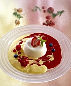 Moulded yoghurt dessert with strawberry sauce and custard
