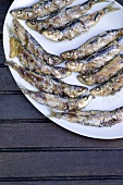 Grilled sardines on white platter