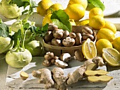 Kohlrabi, mushrooms, ginger and lemons