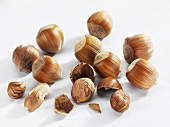 Several unshelled and shelled hazelnuts with shell