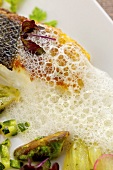 Fried branzino (sea bass) with spring vegetables and foam sauce