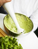 Making pesto with an immersion blender