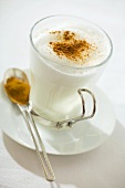 A glass of hot milk with frothed milk and cinnamon