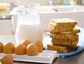 Ingredients for French toast: eggs, bread and milk