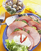 Platter of ham with vegetables & tartar sauce, quails' eggs
