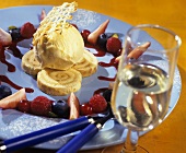 Orange ice cream on Swiss roll slices with fresh berries