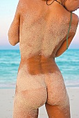 Back view of a naked woman on a sandy beach