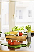 Bread, cheese, vegetables and herbs in the kitchen