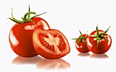 Three whole and one halved tomato with a white background and reflection