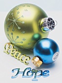 Christmas baubles & the words Peace & Hope (tree ornaments)