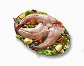 Raw fish garnished with salad leaves