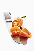 Orange Fresno pepper on knife blade, close-up