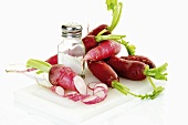 Red radishes and salt shaker on chopping board