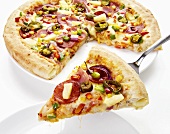 Pizza topped with salami and chilli, cheese-filled crust