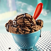 Bowl of Single Scoop Chocolate Ice Cream with Chocolate Sauce; Spoon