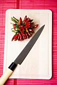 Chili pepper on chopping board, elevated view