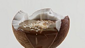Kokosnusshälfte mit Schokoladensauce und Kokosraspeln