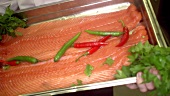 Chef holding platter of fresh salmon fillet, Sweden