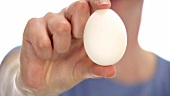 Hands holding a white egg (close-up)