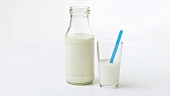 A bottle of milk and a glass of milk with straw