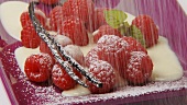 Raspberries with custard, vanilla pod and icing sugar