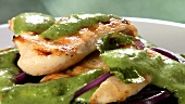 Chicken breast with green sauce and beetroot on brown rice