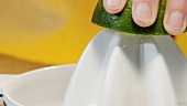 Squeezing a lime with an electric citrus squeezer (close-up)