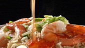 Brown rice with prawns, spring onions and chilli sauce