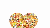 Herzform aus verschiedenen Lebensmitteln und Gerichten