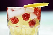 Raspberries, lemon slices and ice cubes in water glass, close-up