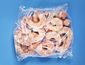 Frozen shrimps in plastic bag, elevated view