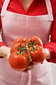 Woman holding vine tomatoes with drops of water