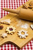 Assorted biscuits on wooden board