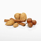 Walnuts, almonds, hazelnuts and cinnamon sticks