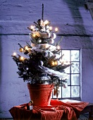 Weihnachtsbaum im Blumentopf mit Schneeball-Kugeln