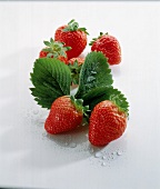 Einige nasse Erdbeeren und Erdbeerblätter freigestellt