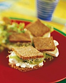 Vollkorn-Sandwiches mit Kiwi und Camembert auf rotem Teller