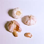 Garlic bulbs and cloves on white background