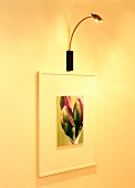 Close-up of picture frame hanging below wall light