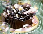 Chocolate charlotte cake with pink rose petals decorated with ribbons, close-up