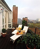 Deckchairs and plants pot on roof terrace with wooden floor