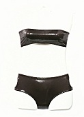 Schwarzer Bikini in Nass-Optik,mit seitlichen Goldringen an Hose u. Top