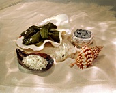 Produkte aus dem Meer im Sand Algen, Salz, Schlick, Muschel