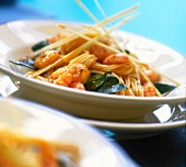 Close-up of spaghettini with lemon grass shrimp on plate