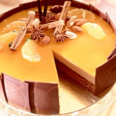 Close-up of chocolate and orange mousse pie