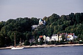 View of houses on riverbank of Elbe, Ovelgonne, Hamburg, Germany