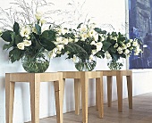 Vasentrio mit weißen Blumen auf drei Beistelltischen aus Eiche