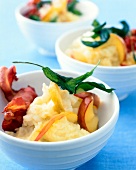 Potato and celery puree with apple split and Bacon in bowl