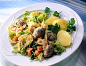 Veal dumplings with savoy cabbage and mustard sauce on white plate