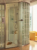 Blick in ein transparent gestaltetes Bad, Glasbausteine, Glastür